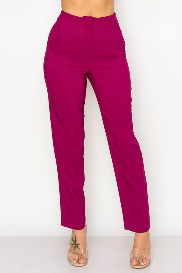 Magenta Solid High Waist Dress Pants