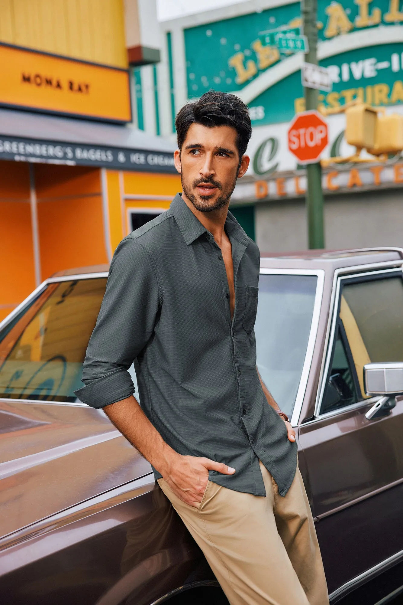 Men Classic Collar Shirt Casual Long Sleeve Curved Hem Button-up Tops