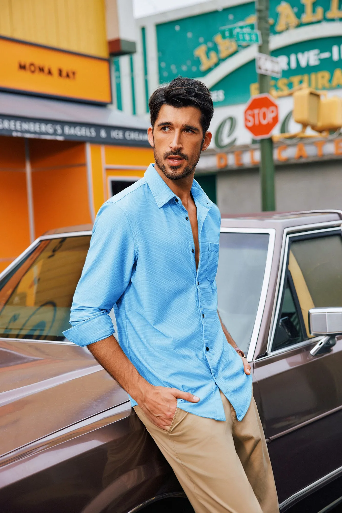 Men Classic Collar Shirt Casual Long Sleeve Curved Hem Button-up Tops