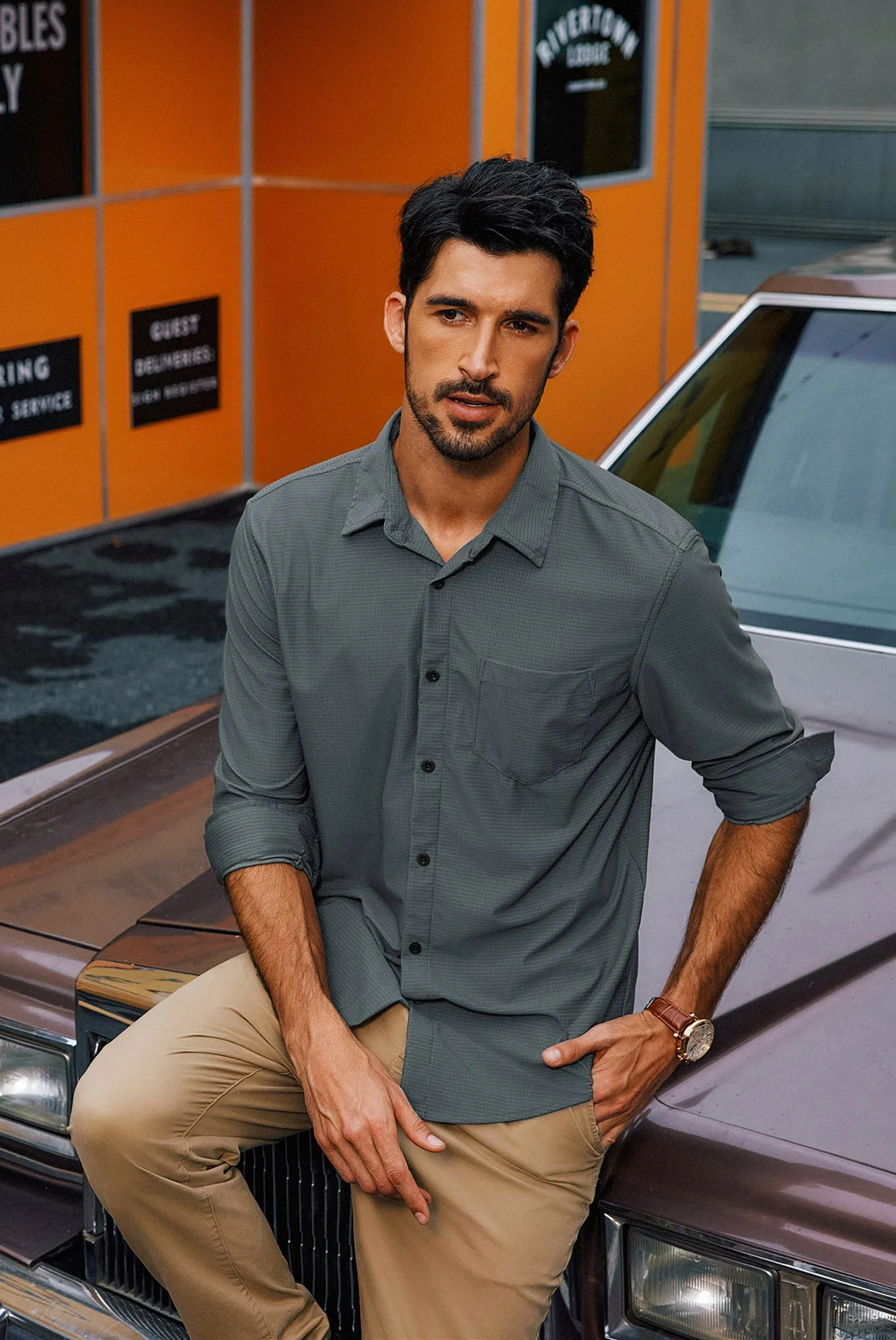 Men Classic Collar Shirt Casual Long Sleeve Curved Hem Button-up Tops