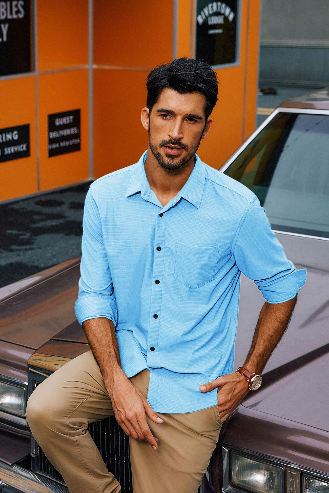 Men Classic Collar Shirt Casual Long Sleeve Curved Hem Button-up Tops