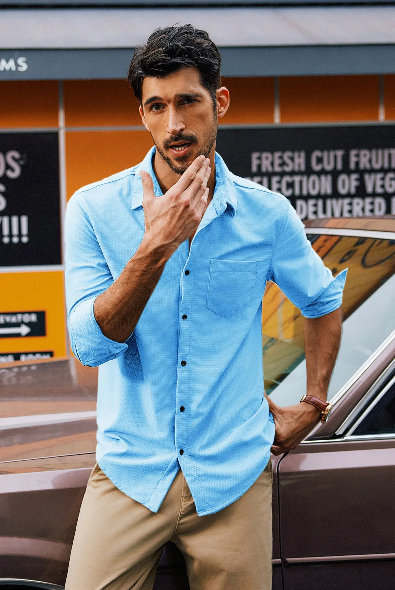 Men Classic Collar Shirt Casual Long Sleeve Curved Hem Button-up Tops