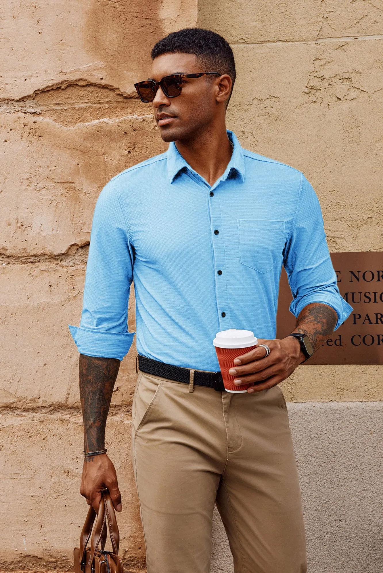 Men Classic Collar Shirt Casual Long Sleeve Curved Hem Button-up Tops