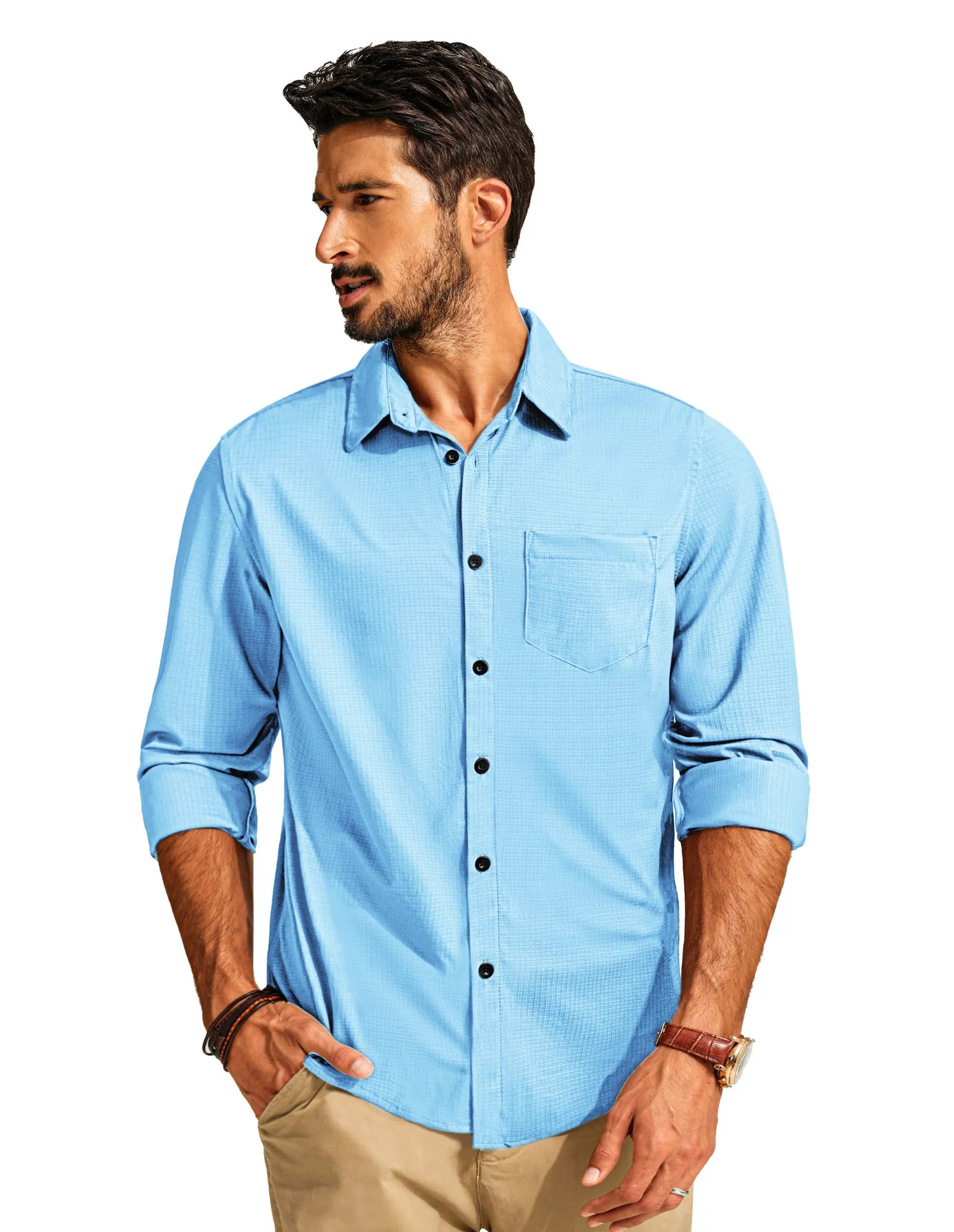 Men Classic Collar Shirt Casual Long Sleeve Curved Hem Button-up Tops