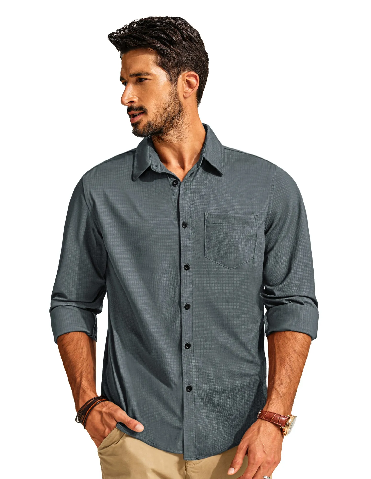 Men Classic Collar Shirt Casual Long Sleeve Curved Hem Button-up Tops