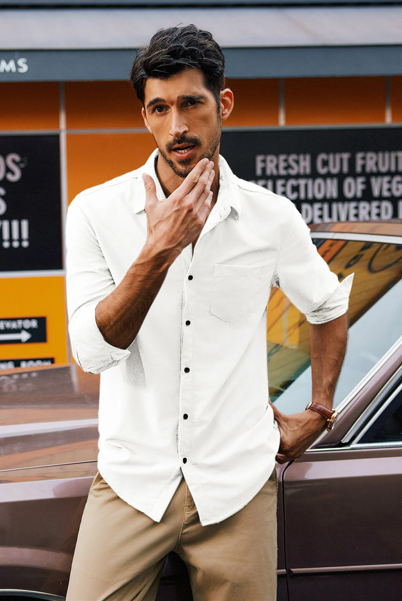 Men Classic Collar Shirt Casual Long Sleeve Curved Hem Button-up Tops