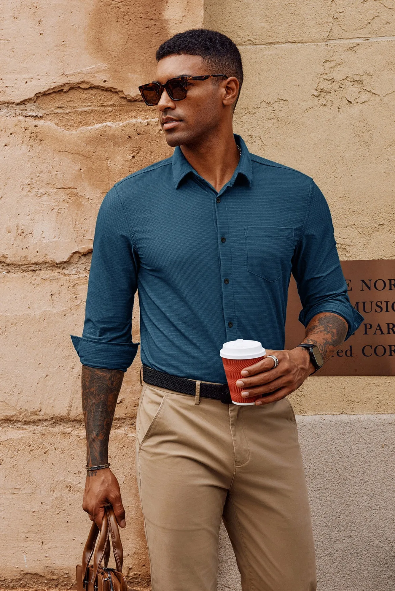Men Classic Collar Shirt Casual Long Sleeve Curved Hem Button-up Tops