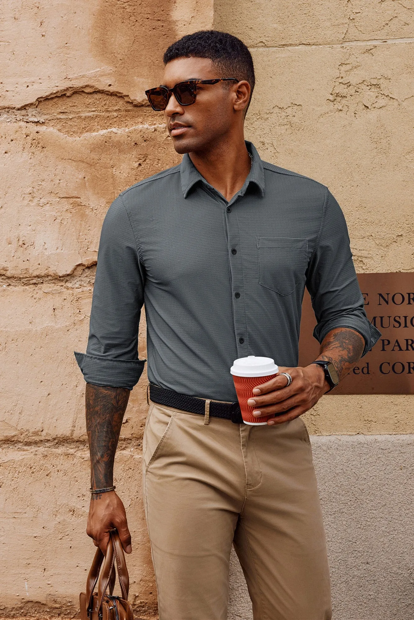 Men Classic Collar Shirt Casual Long Sleeve Curved Hem Button-up Tops