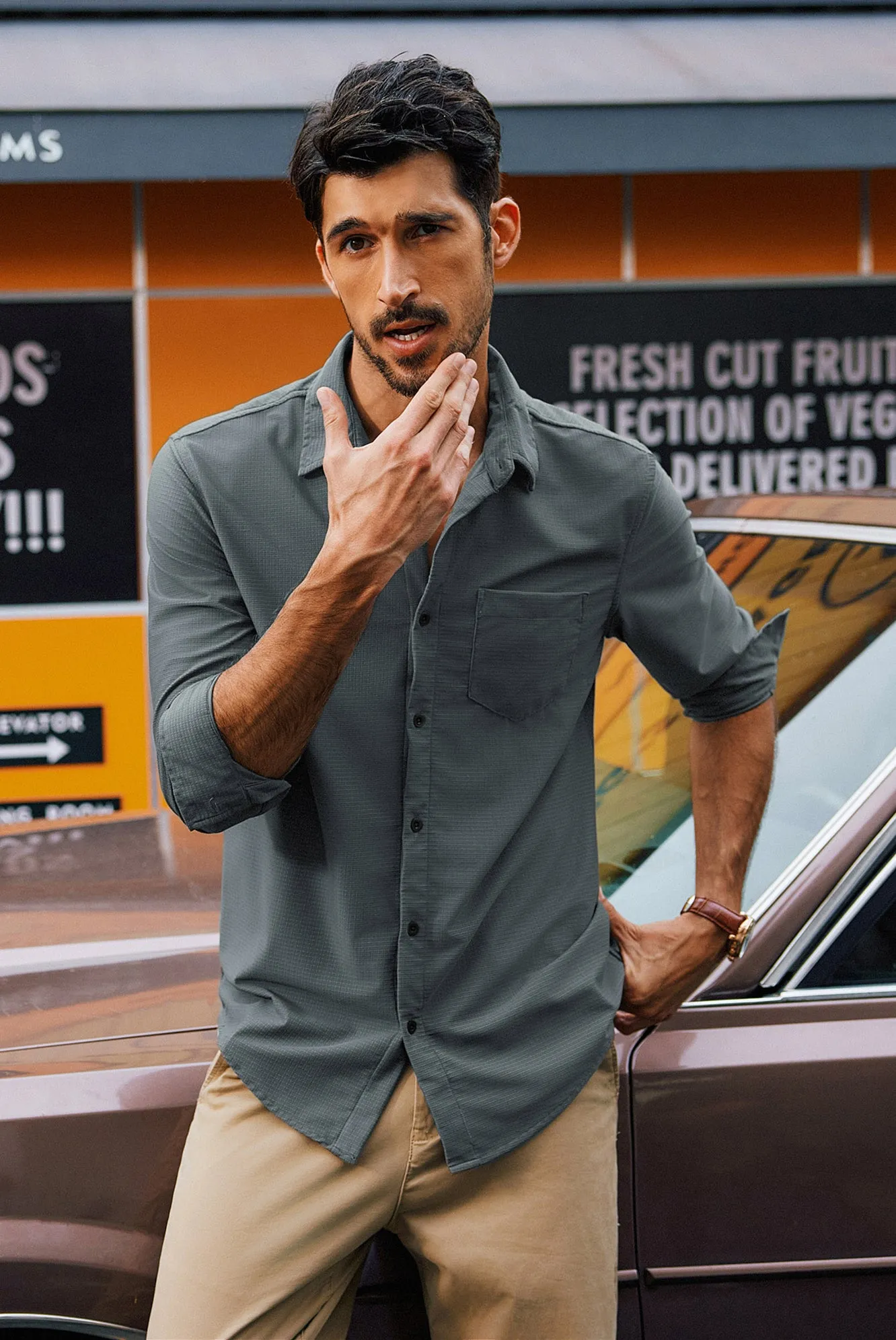 Men Classic Collar Shirt Casual Long Sleeve Curved Hem Button-up Tops