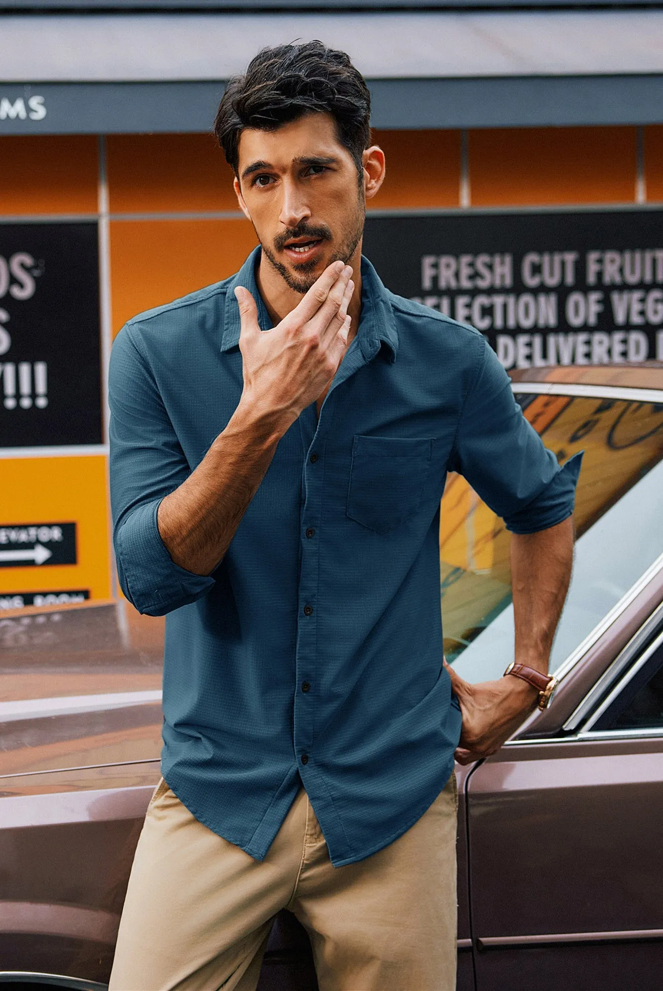 Men Classic Collar Shirt Casual Long Sleeve Curved Hem Button-up Tops