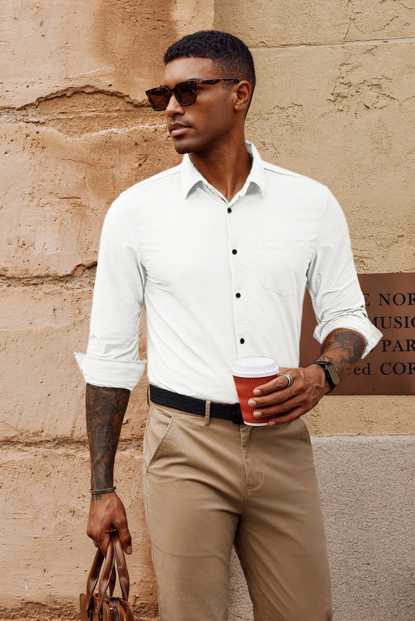 Men Classic Collar Shirt Casual Long Sleeve Curved Hem Button-up Tops