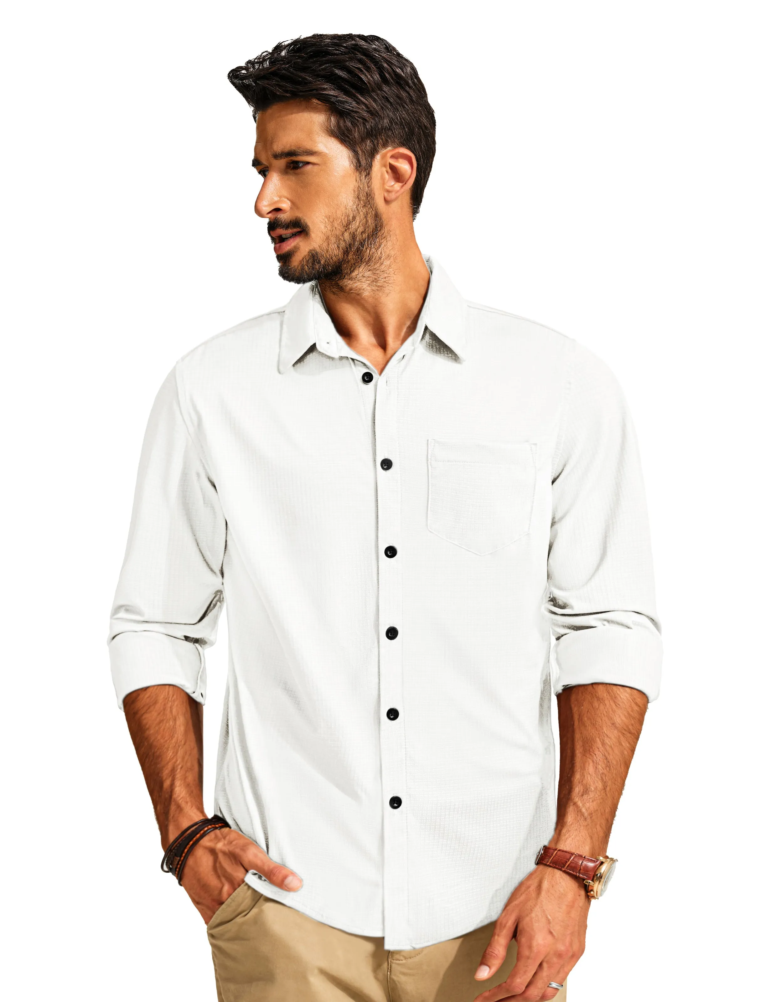Men Classic Collar Shirt Casual Long Sleeve Curved Hem Button-up Tops