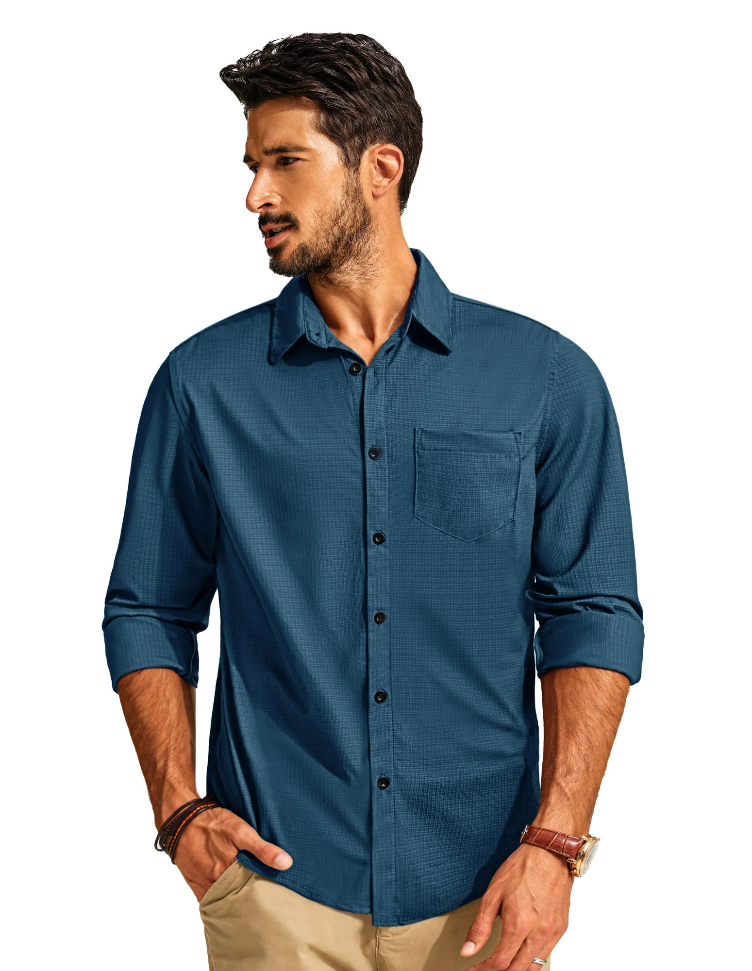 Men Classic Collar Shirt Casual Long Sleeve Curved Hem Button-up Tops