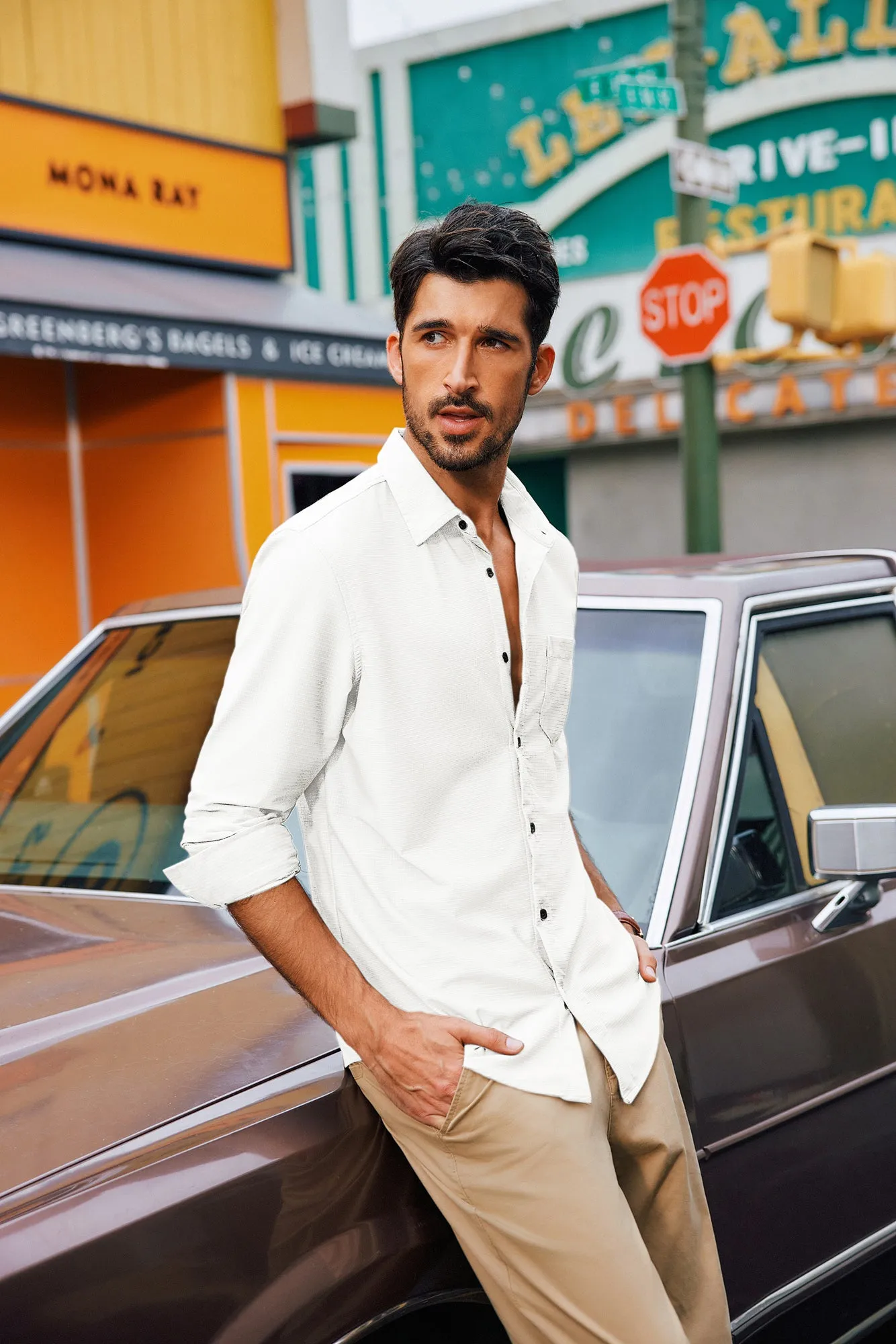 Men Classic Collar Shirt Casual Long Sleeve Curved Hem Button-up Tops