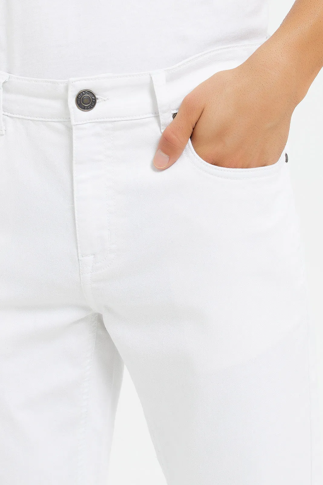 Men White 5 Pockets Knit Denim Jeans