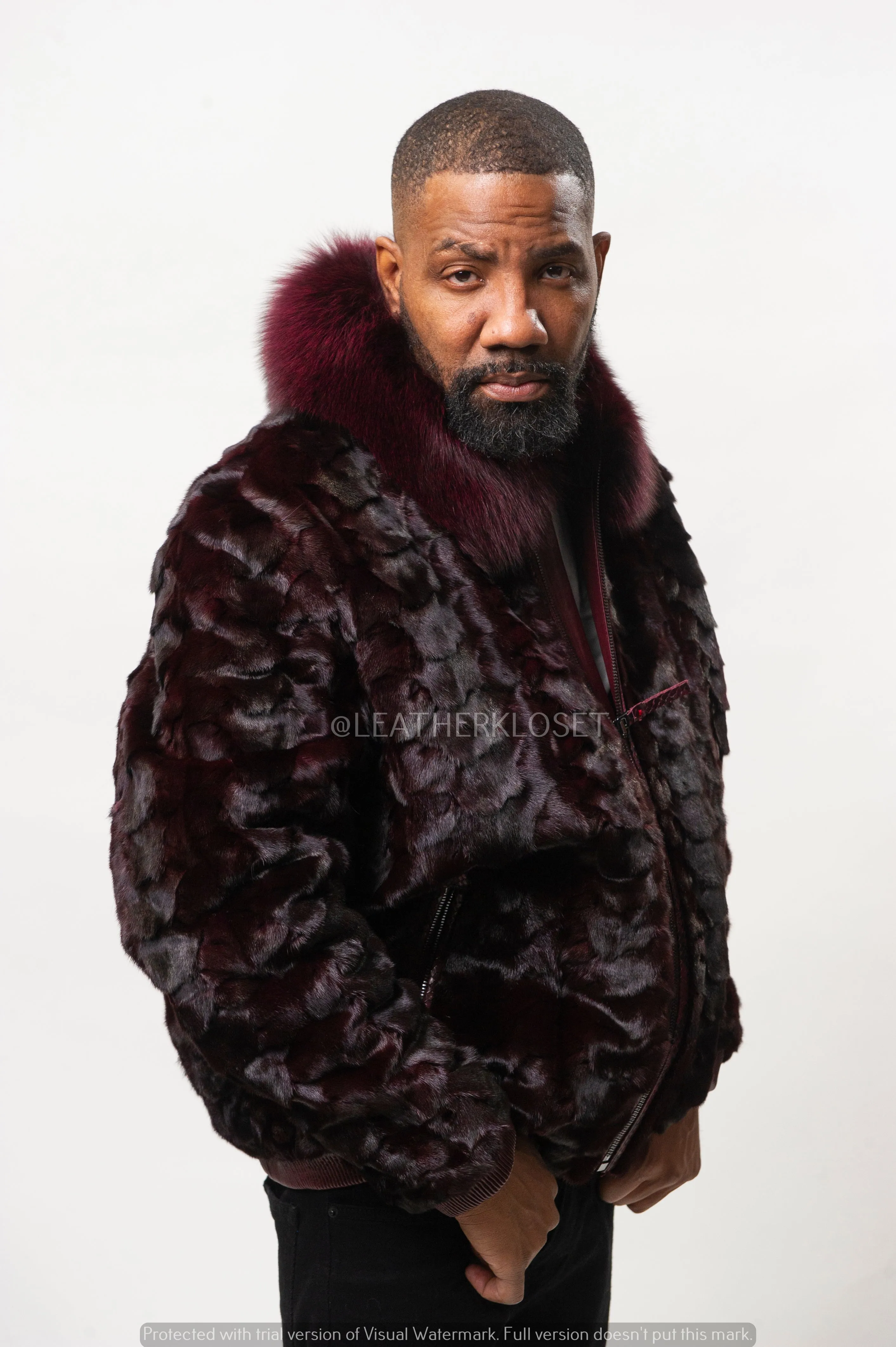Men's Mink Bomber Jacket [Burgundy]