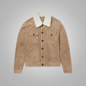 Mens Shearling Lined Leather Brown Trucker Jacket