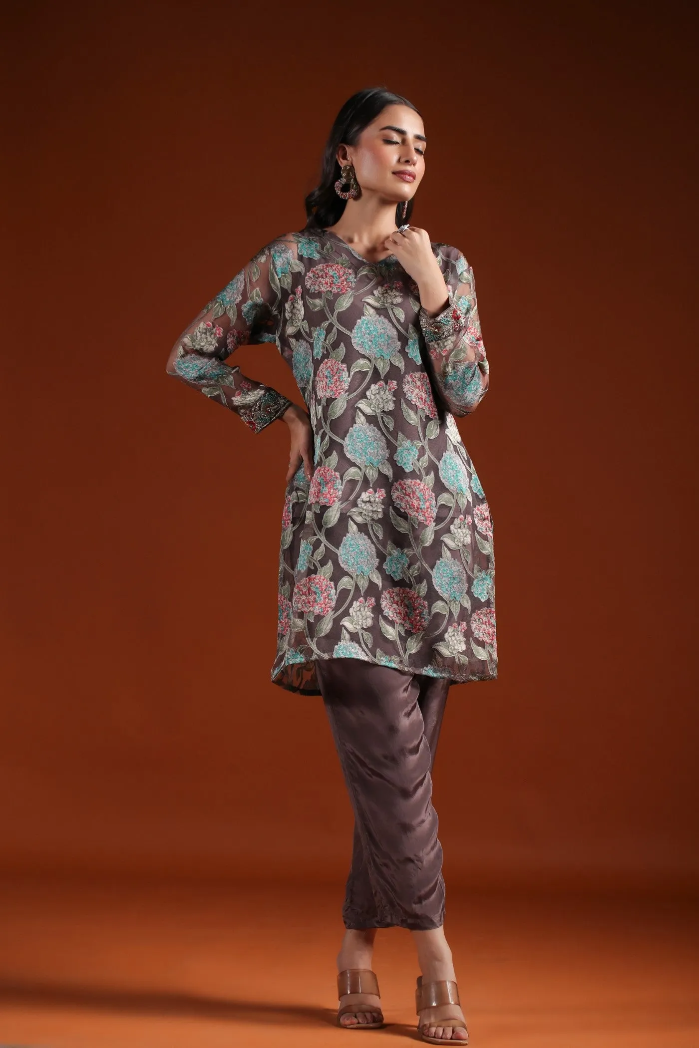 Metallic Bronze Floral Sheer Co-ord Set