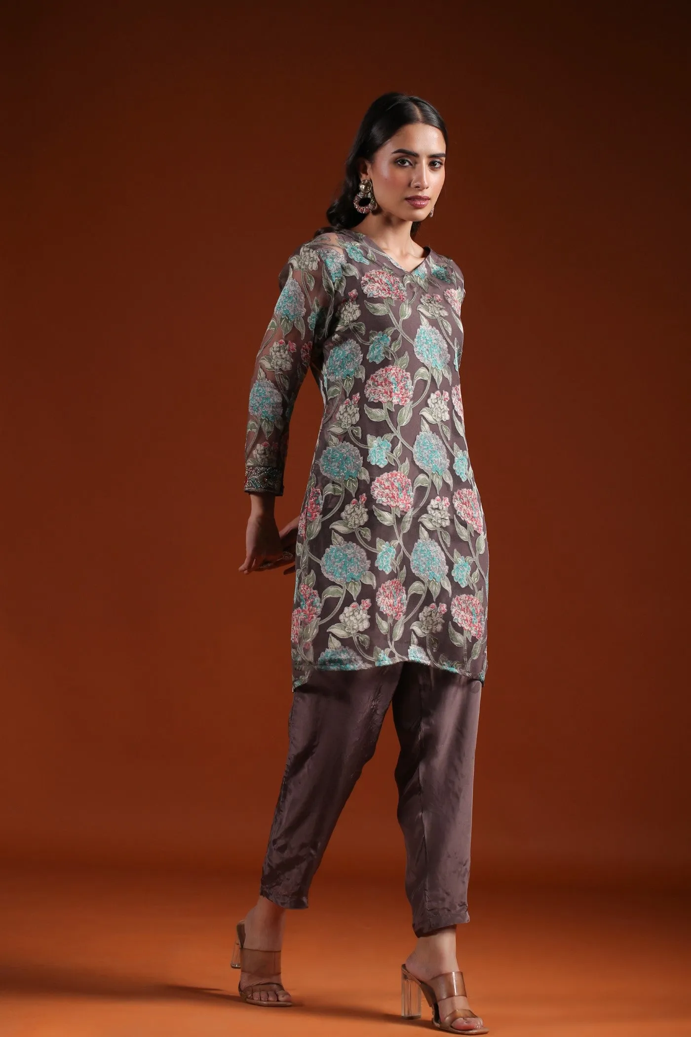 Metallic Bronze Floral Sheer Co-ord Set