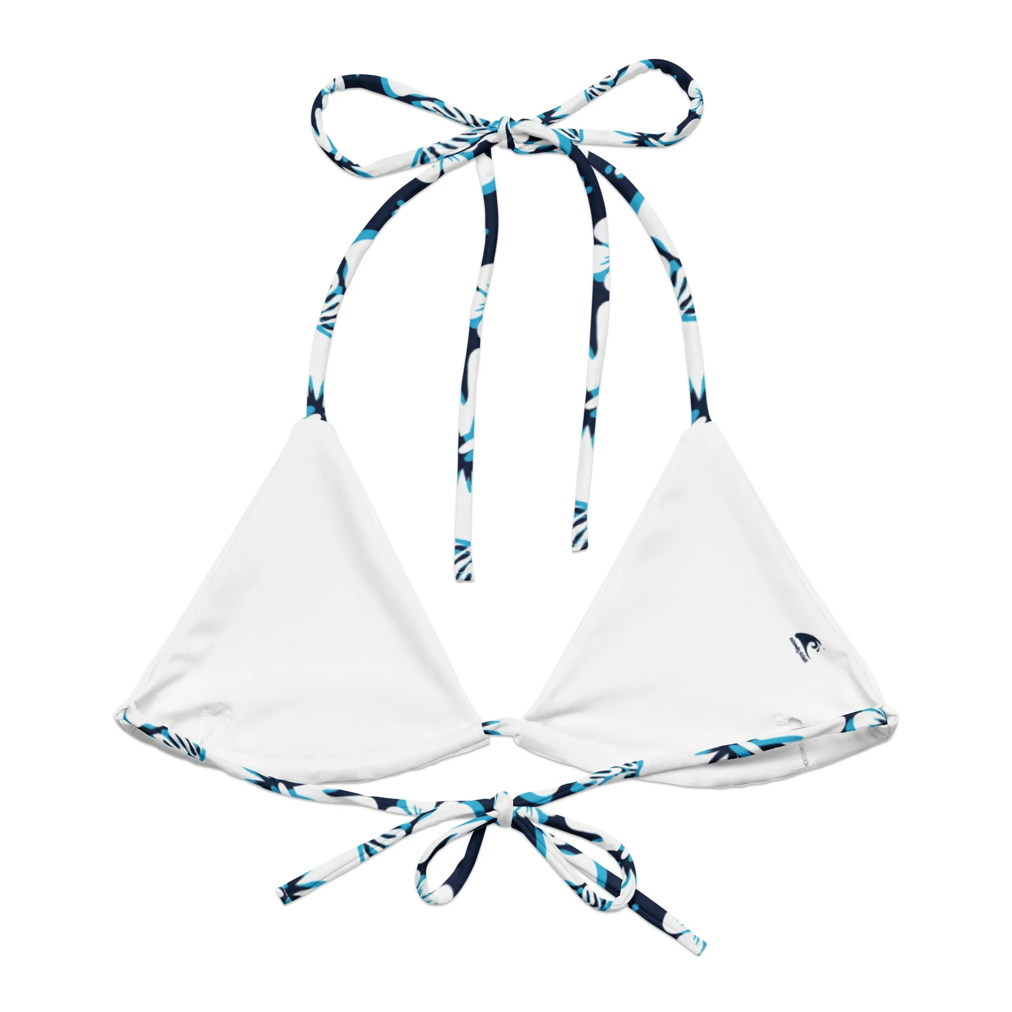 Navy Blue, Aqua and White Hawaiian Flowers String Bikini Top