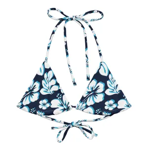 Navy Blue, Aqua and White Hawaiian Flowers String Bikini Top
