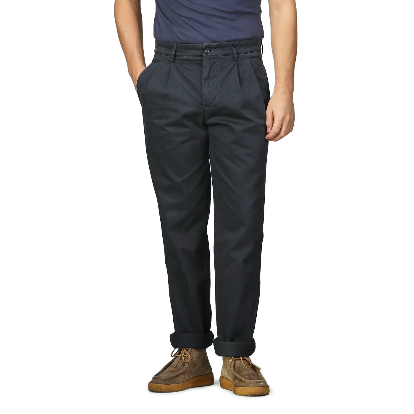 Navy Blue Cotton Pleated Chinos