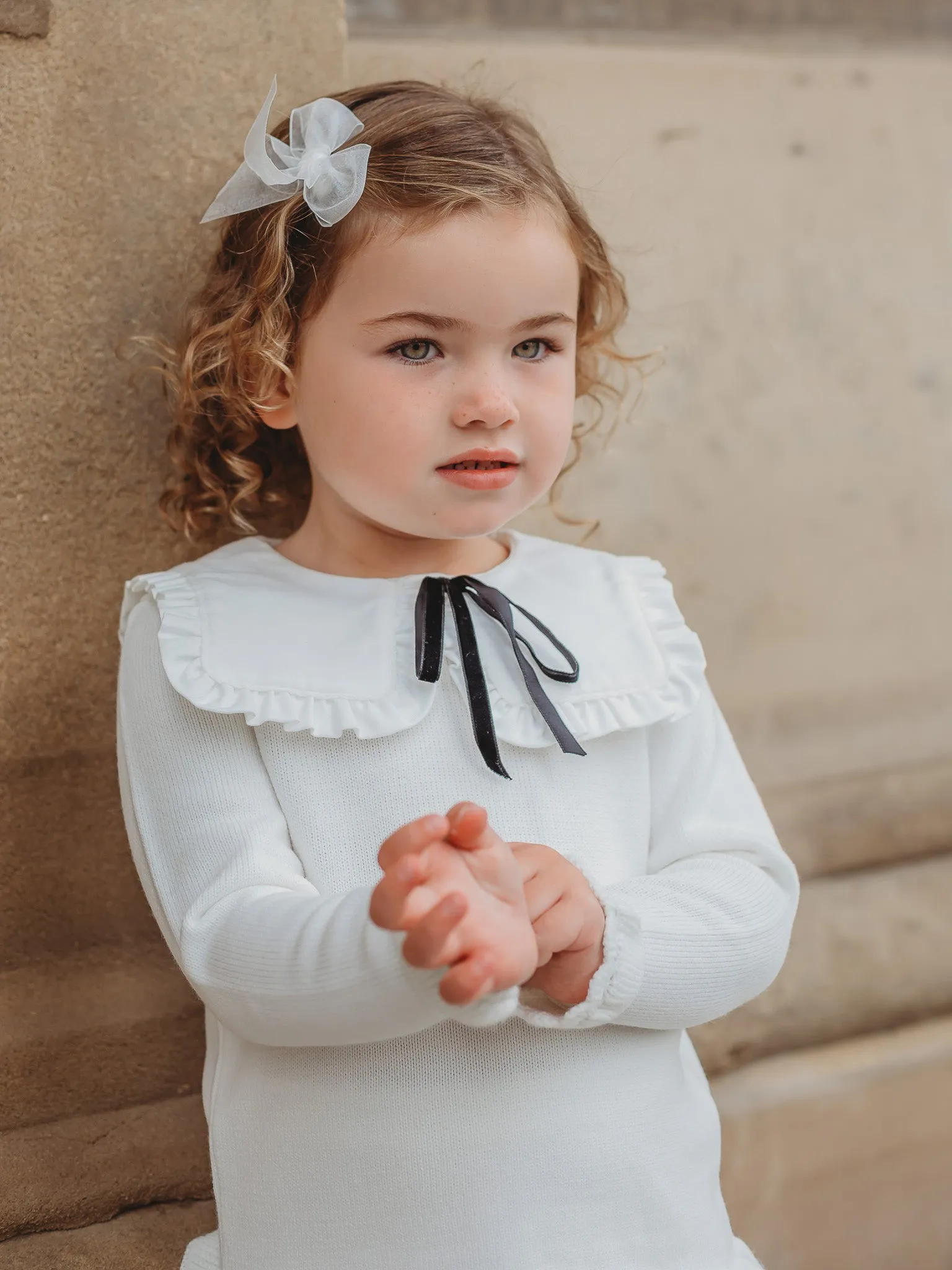 'Olive' ivory knitted suit with bib collar