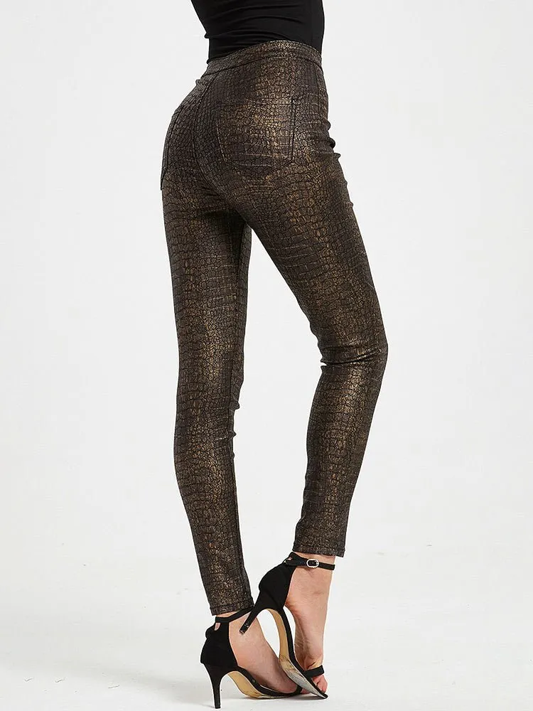 Pants High Waist PU Leather Crocodile Print Pants for Women