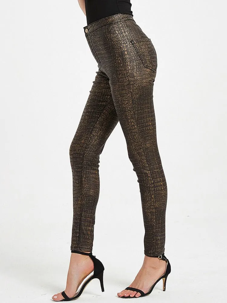 Pants High Waist PU Leather Crocodile Print Pants for Women