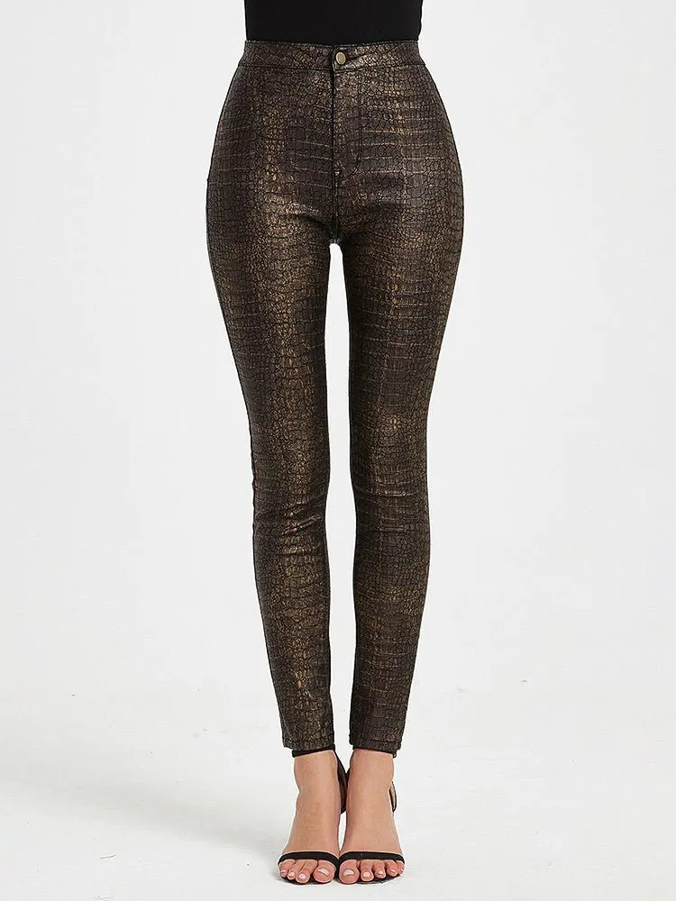 Pants High Waist PU Leather Crocodile Print Pants for Women