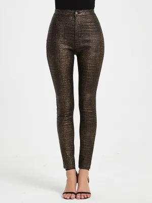 Pants High Waist PU Leather Crocodile Print Pants for Women