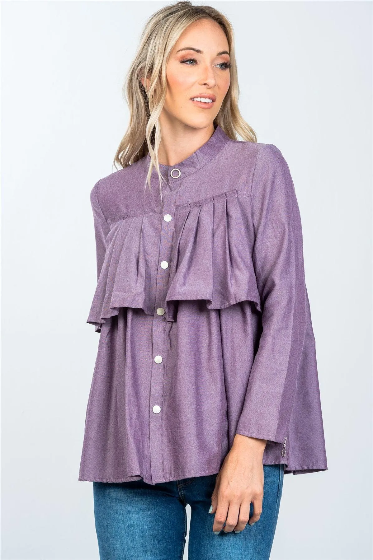 Purple Brown Layer Pleated Button Down Boho Top /2-2-2