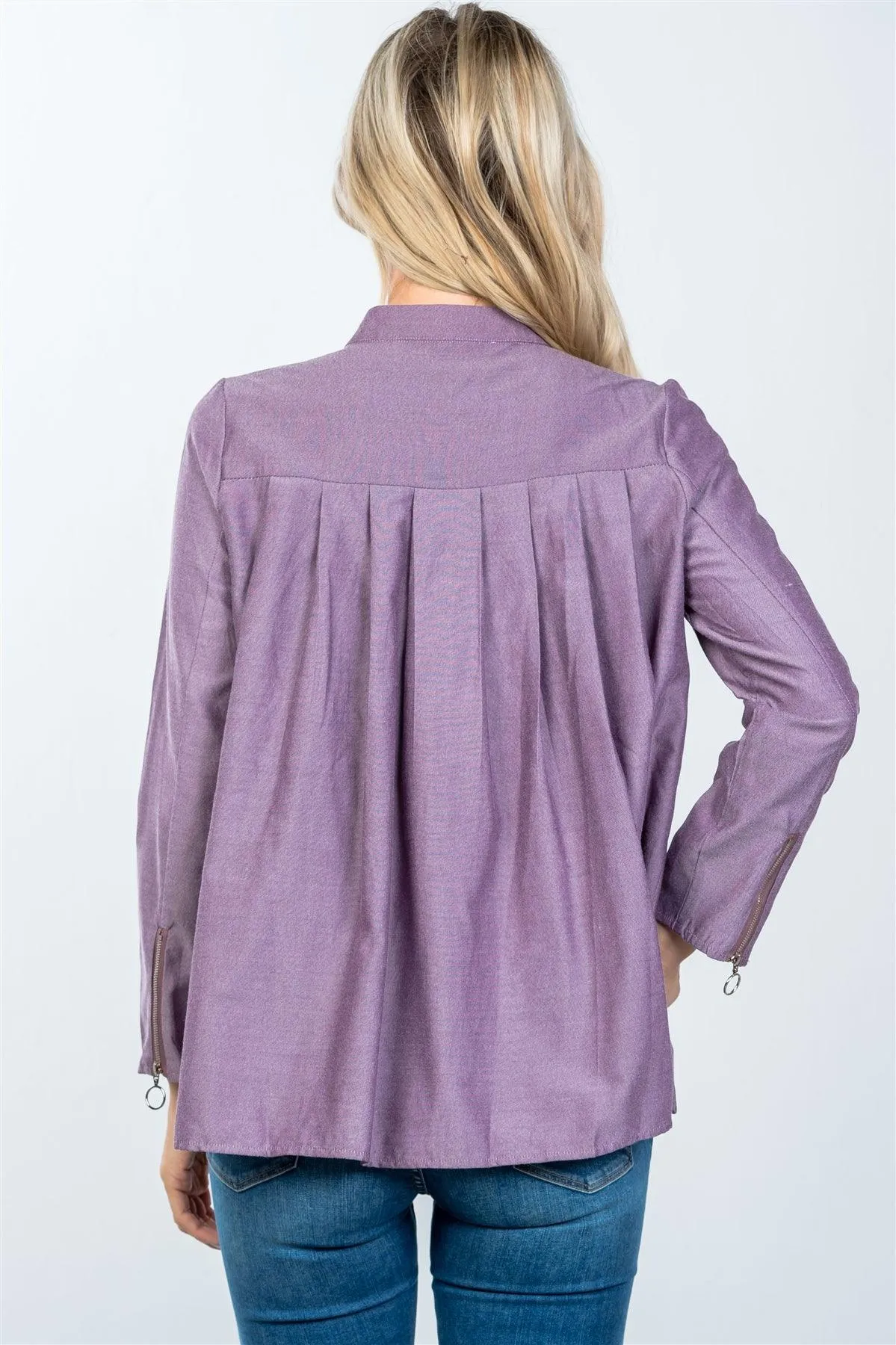 Purple Brown Layer Pleated Button Down Boho Top /2-2-2