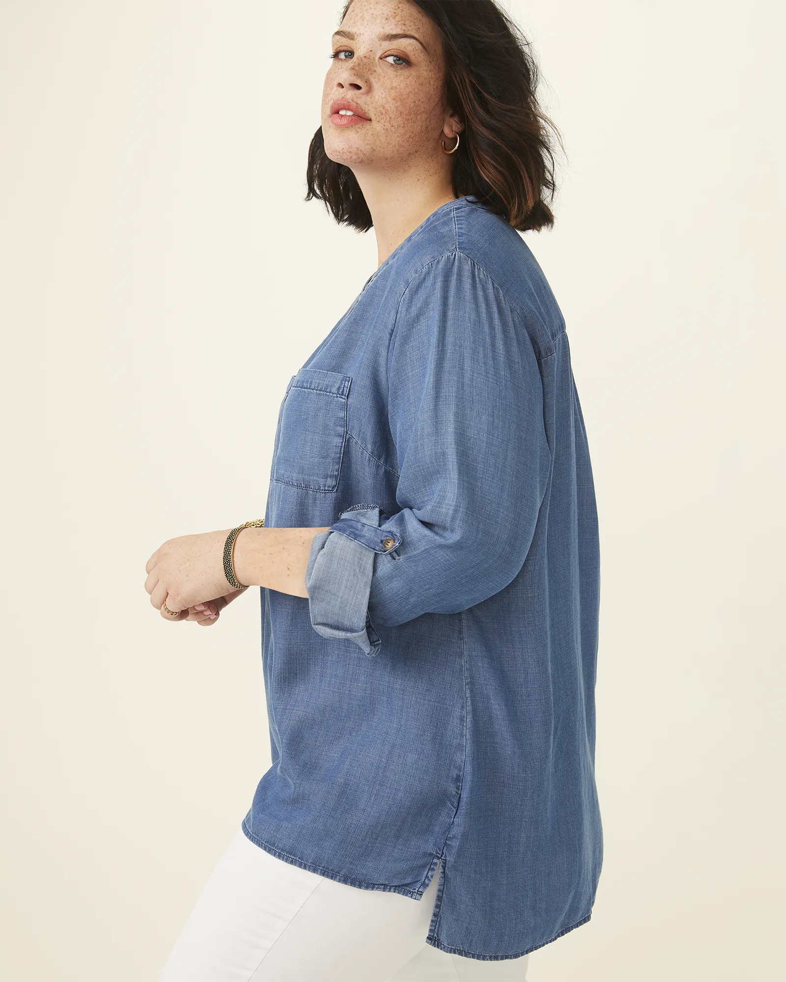 Rachel Tencel Roll Tab Sleeve Top | Dark Wash