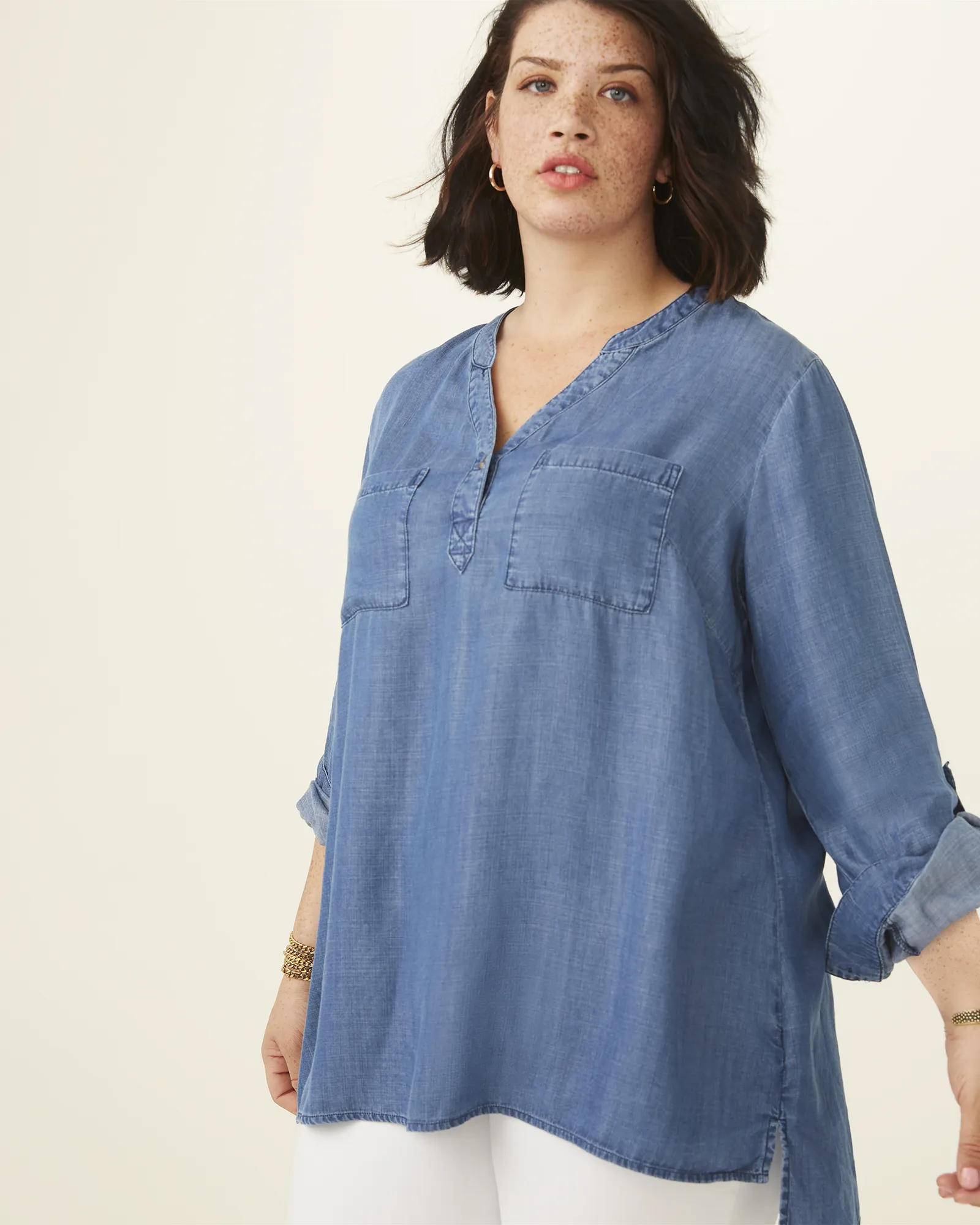 Rachel Tencel Roll Tab Sleeve Top | Dark Wash