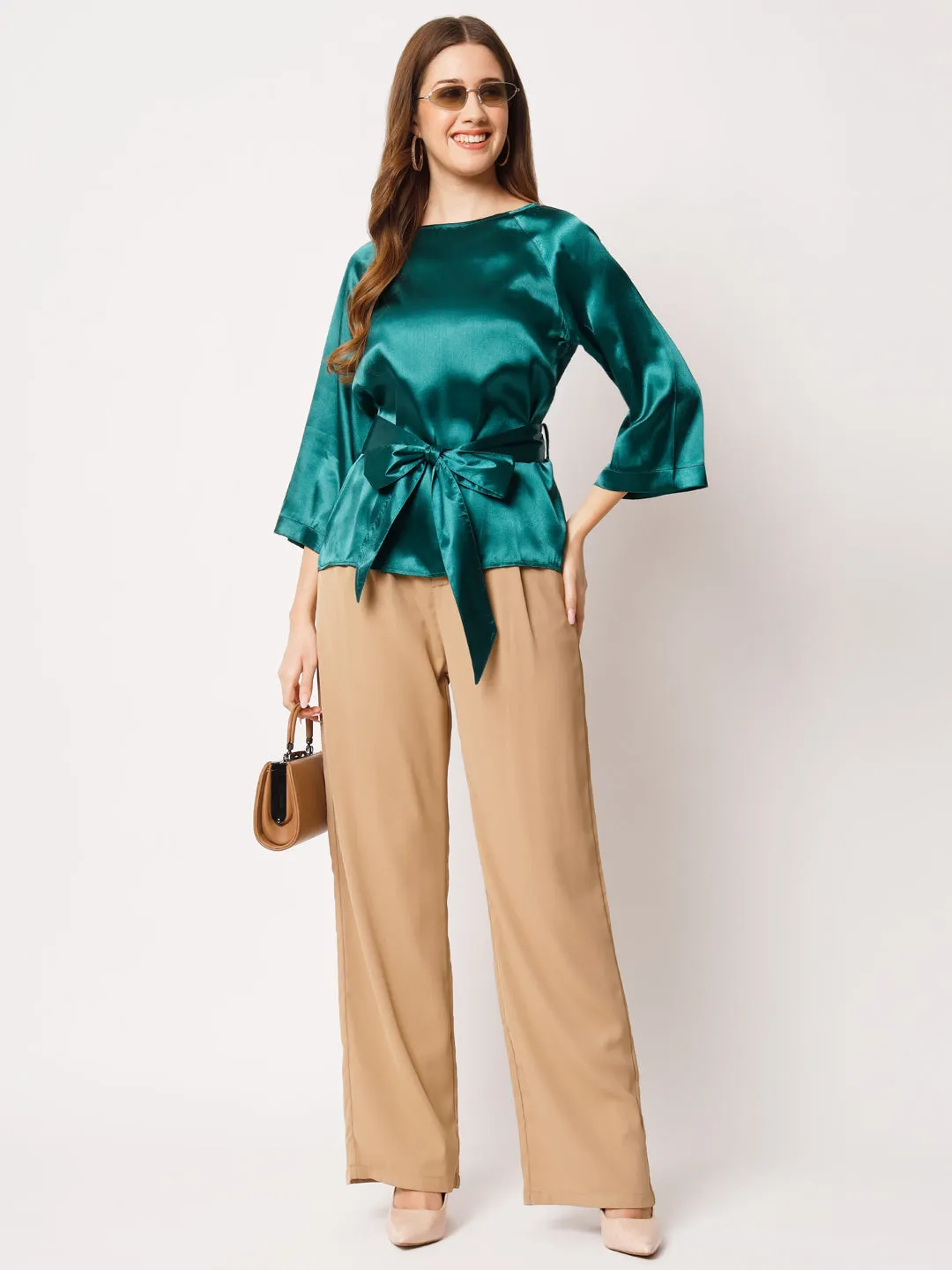 Raglan Sleeves Satin Top With Waist Tie-Up