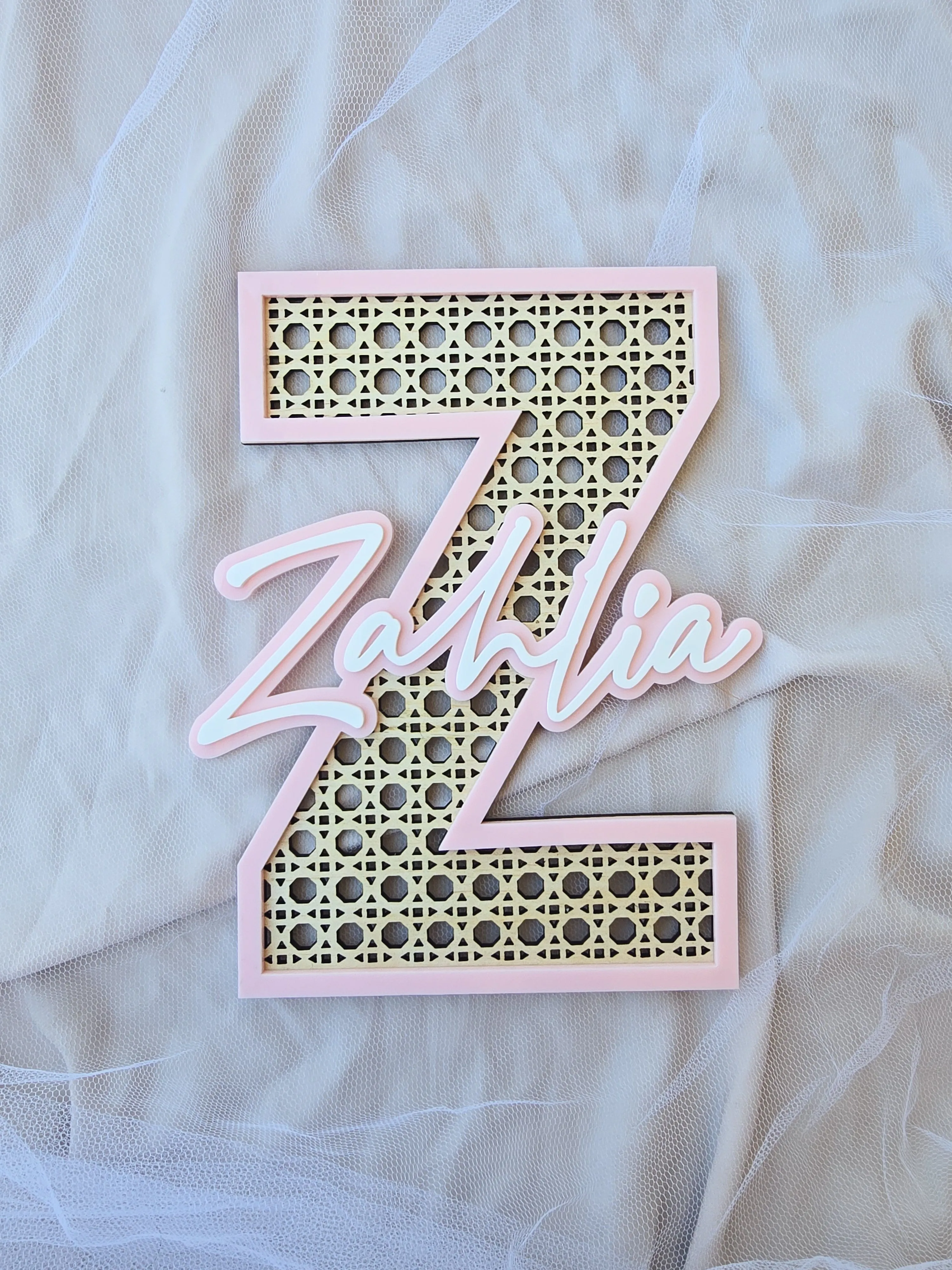 RATTAN AND ACRYLIC NAME AND LETTER SIGN