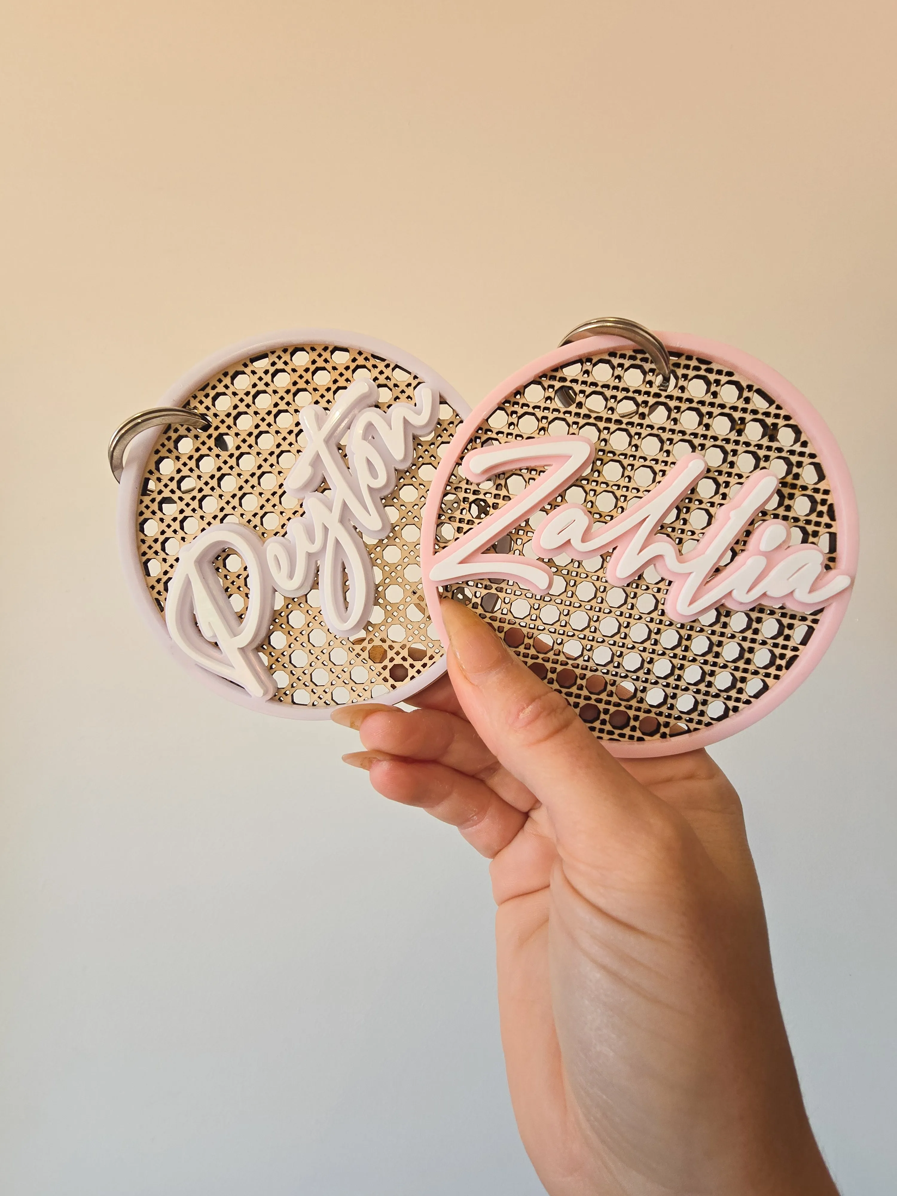 RATTAN AND ACRYLIC PERSONALISED KEY TAG - DOUBLE LAYER