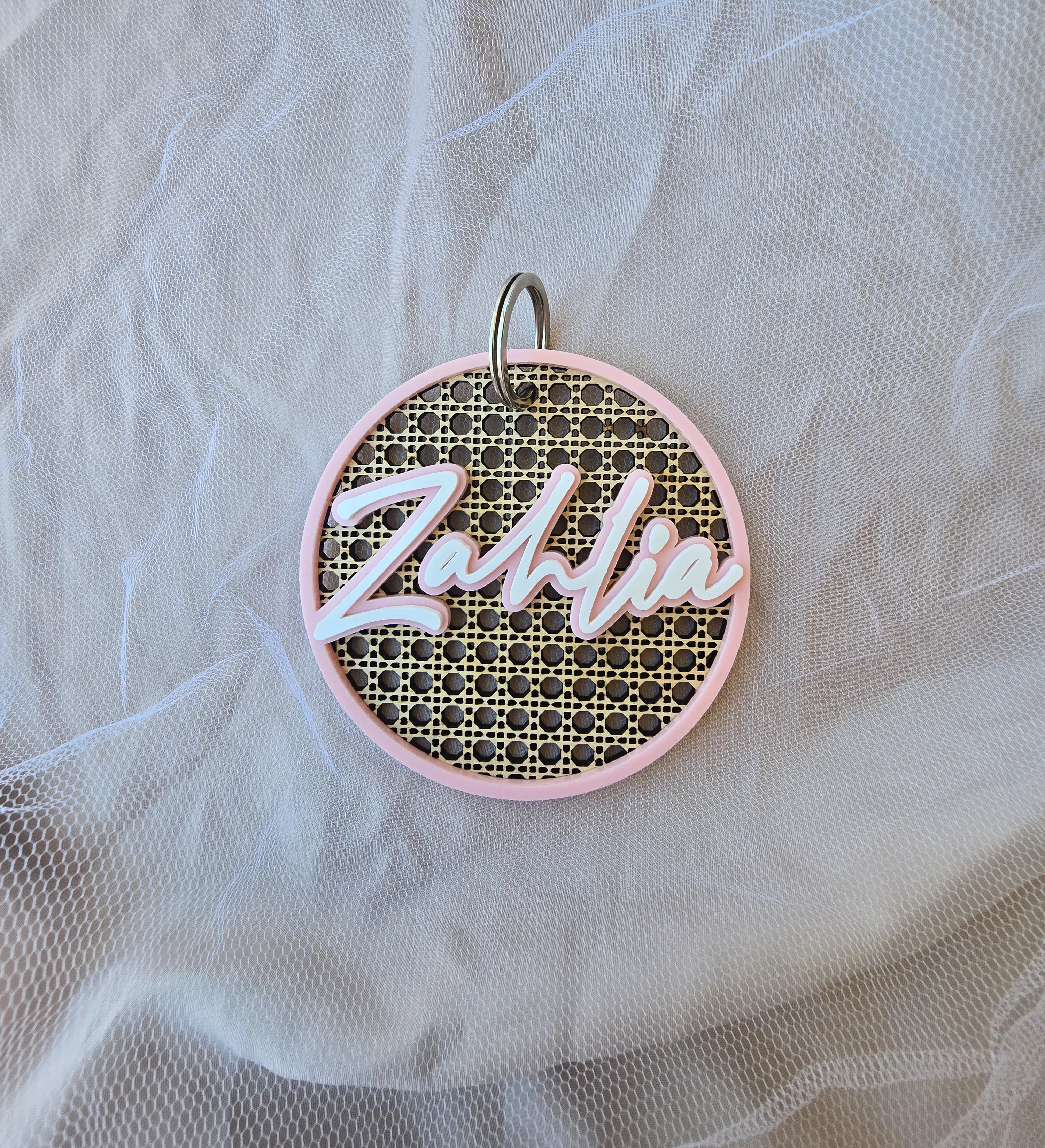 RATTAN AND ACRYLIC PERSONALISED KEY TAG - DOUBLE LAYER