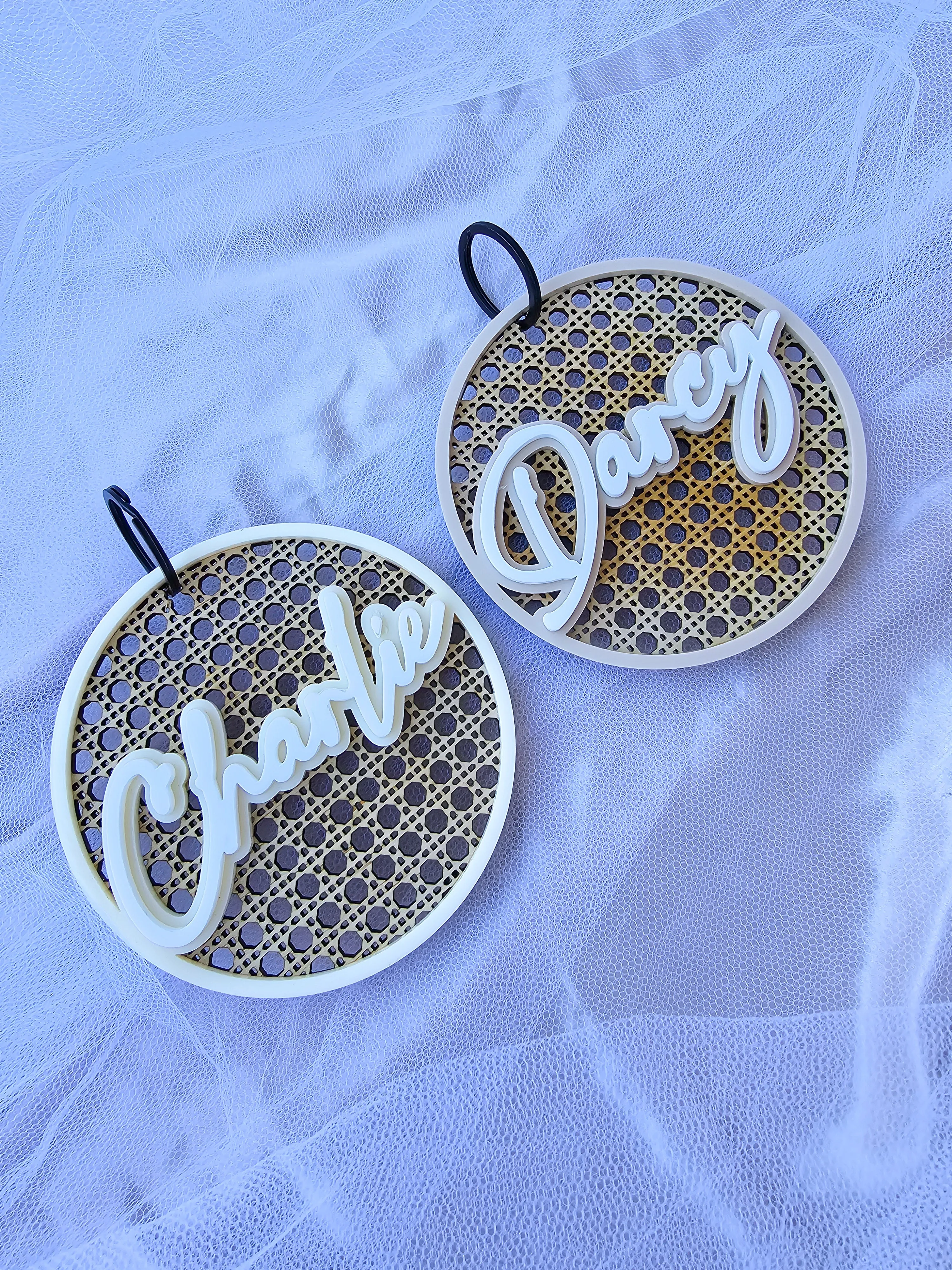 RATTAN AND ACRYLIC PERSONALISED KEY TAG - DOUBLE LAYER