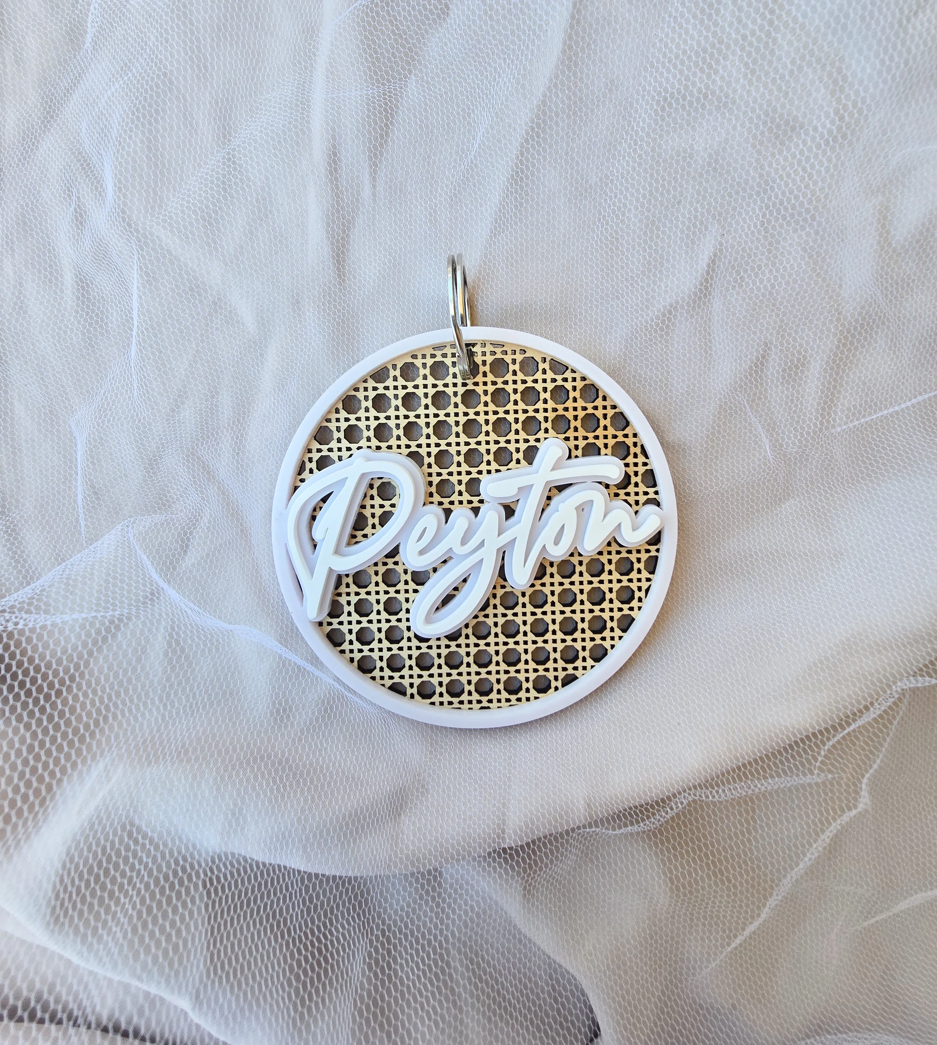 RATTAN AND ACRYLIC PERSONALISED KEY TAG - DOUBLE LAYER