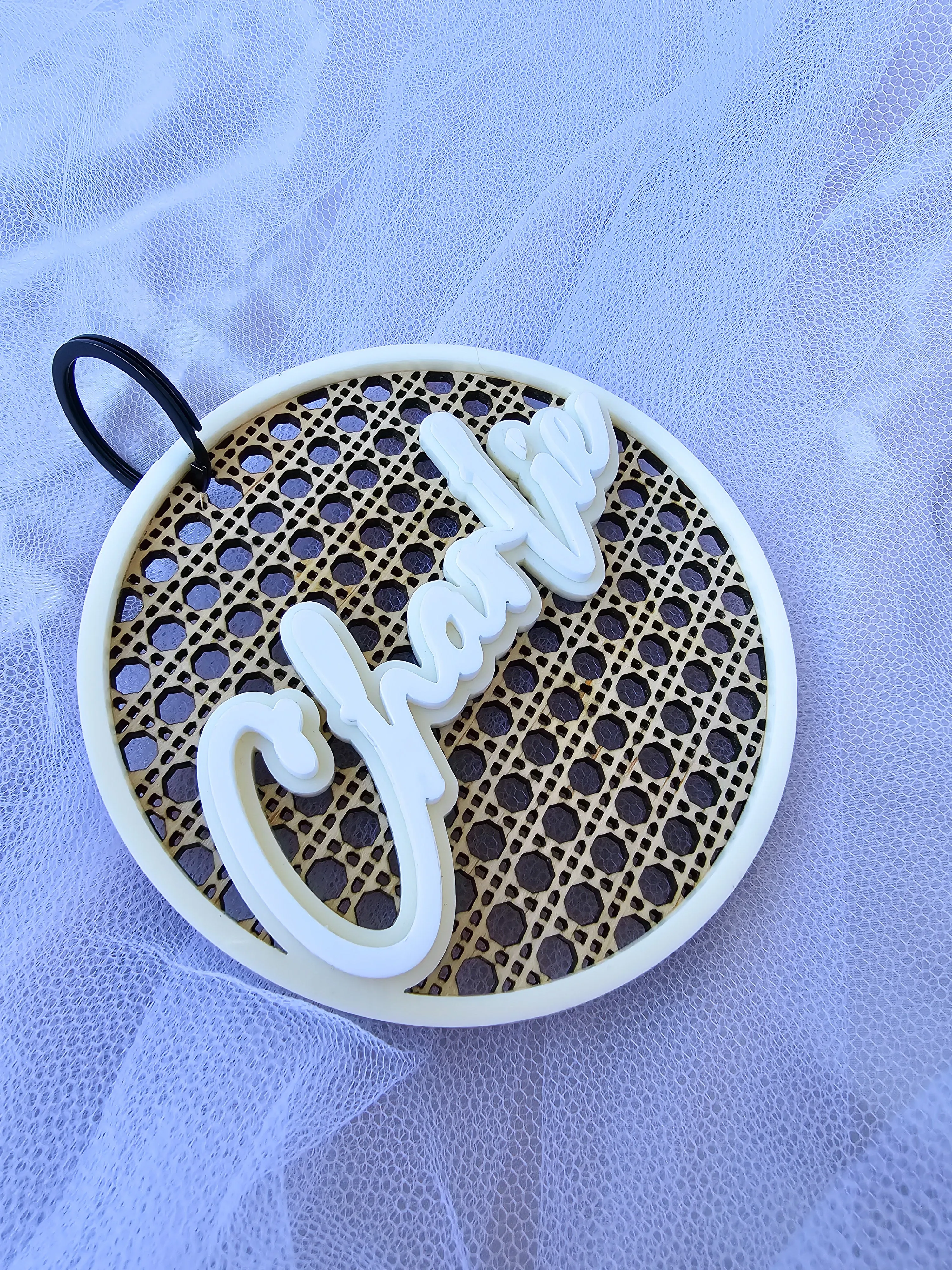 RATTAN AND ACRYLIC PERSONALISED KEY TAG - DOUBLE LAYER
