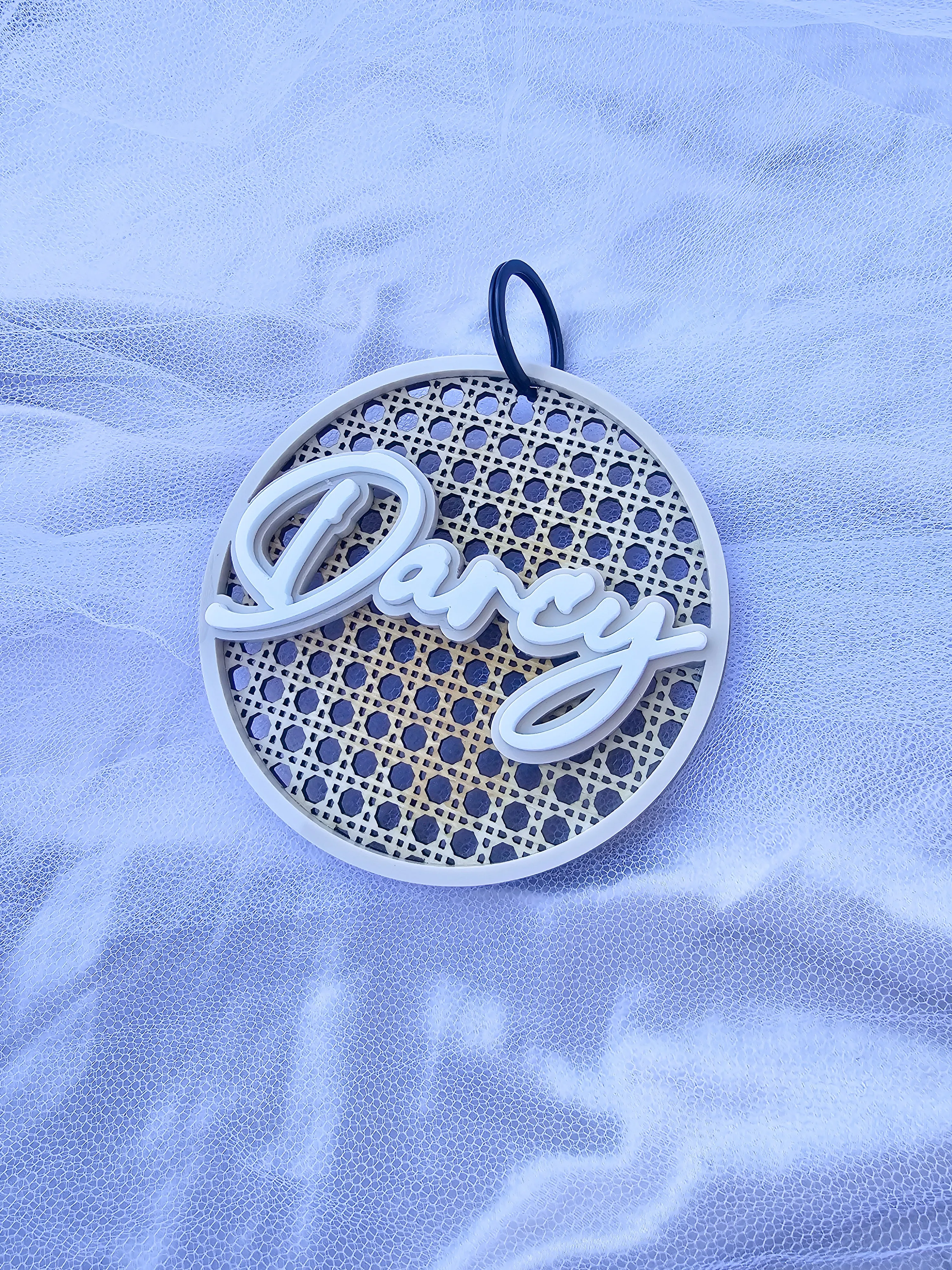 RATTAN AND ACRYLIC PERSONALISED KEY TAG - DOUBLE LAYER