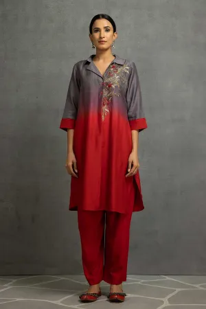 Red-Grey Ombre Embellished Tunic & Pant Set