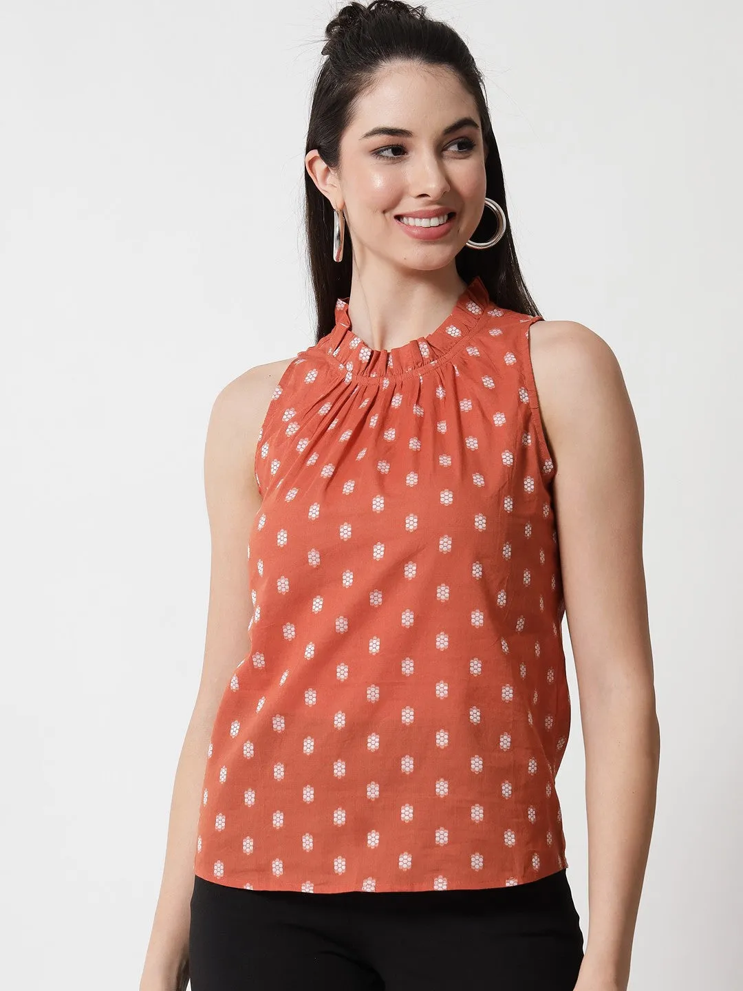 Rust & White Floral Print Top