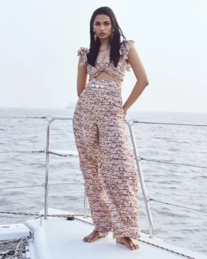 Sequin Printed Crop Top & High-Waist Flare Pants Set