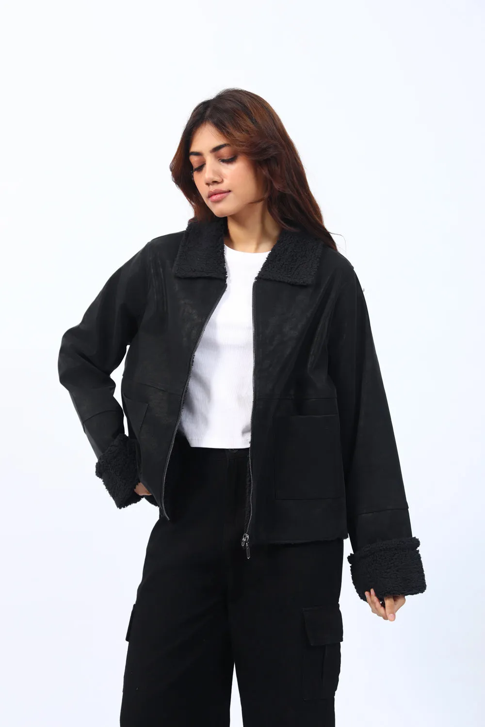 SHEARLING LINED PU JACKET