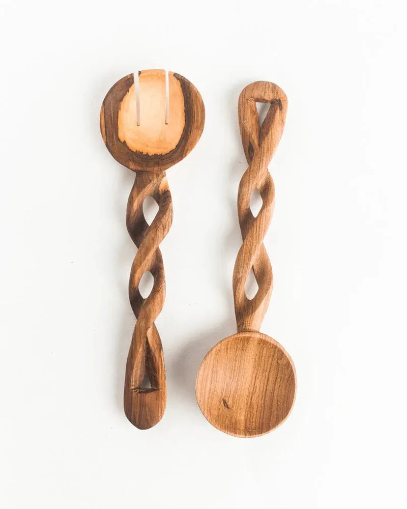 Small Twisted Wild Olive Wood Salad Servers