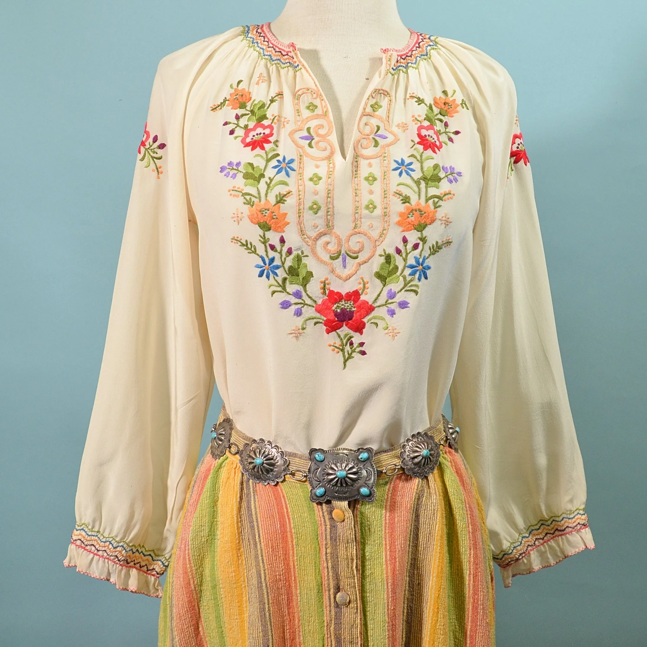 SOLD Vintage Embroidered Peasant Blouse, Penny Lane Bohemian Hippie Top S
