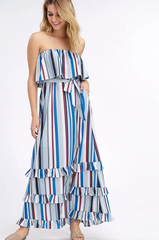 South of the Border Strapless Striped Maxi Dress - Gray Mix